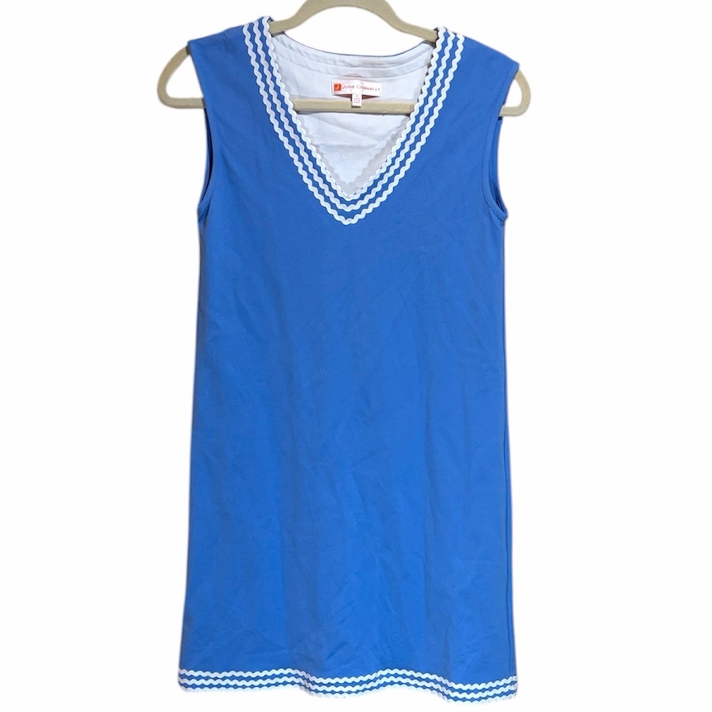 Jude Connally Blue White Rick Rack Trim V-Neck Sleeveless Mini Dress Size Small